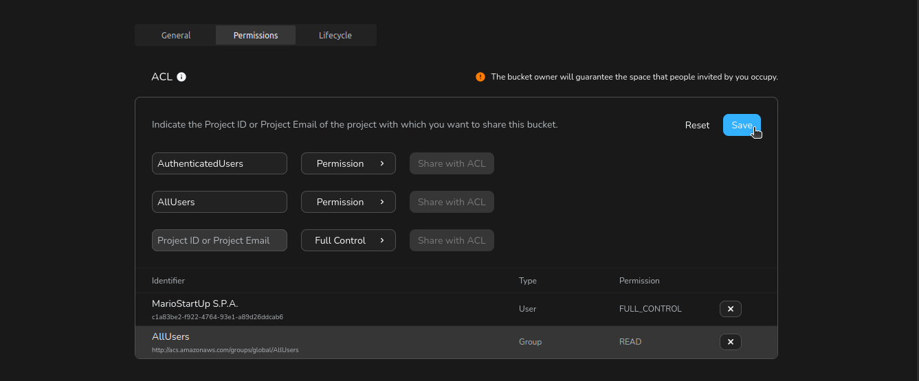 Cubbit Console - Save ACL