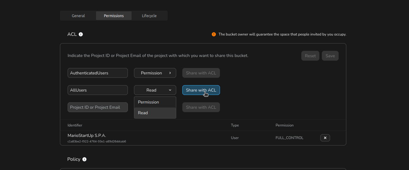 Cubbit Console - Add ACL to a Bucket