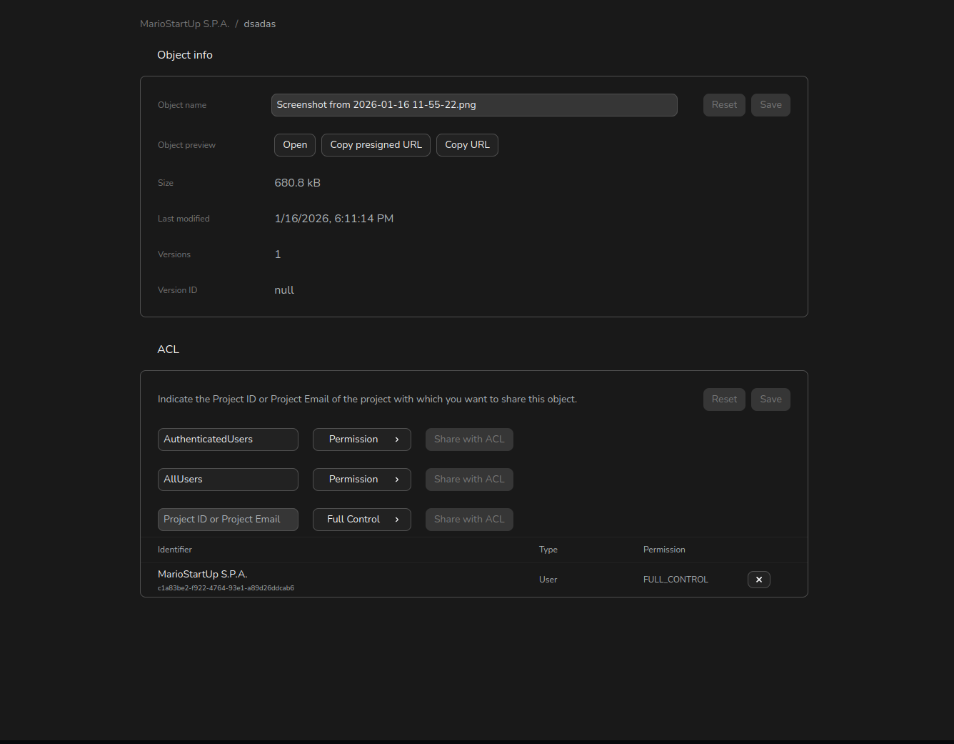 Cubbit Console - Save object ACL