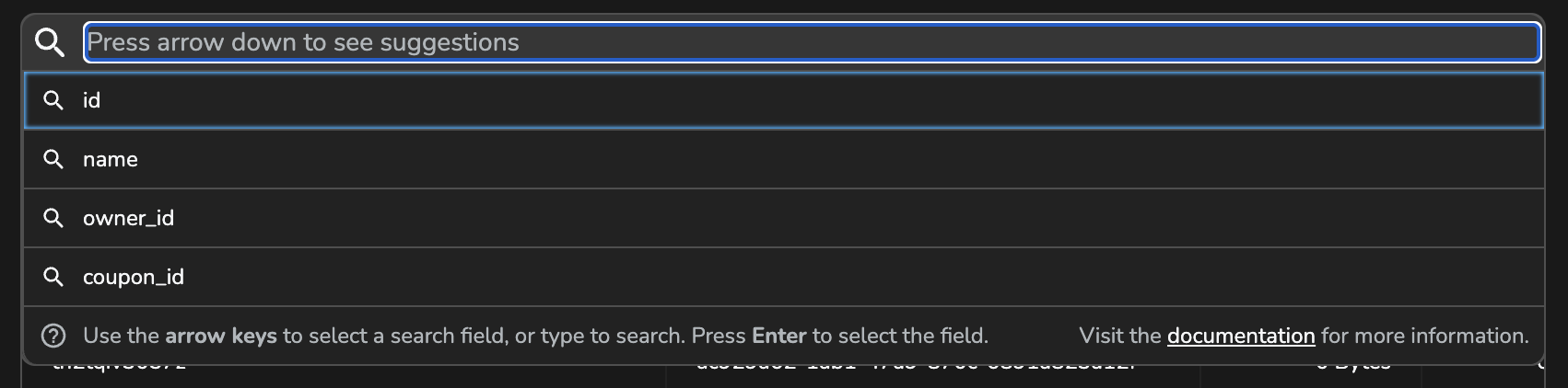 composer table searchbar with options