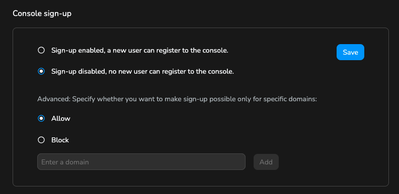 Console sign-up settings