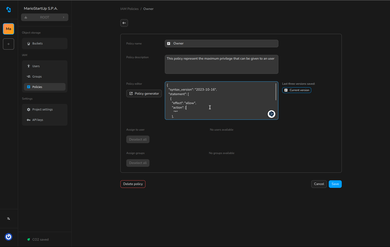 Editor delle policy IAM